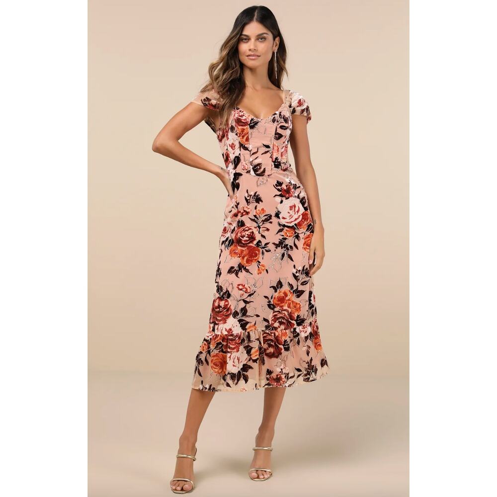 Lulus Composed Beauty Blush Pink Burnout Velvet Floral Midi Dress Small NWT